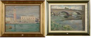 La Palais Ducal Et Le Campanile De Venise Vus De La Lagune Par Temps De Pluie Et Le Vieux Pont (2 Works) by Lucien Hector Jonas