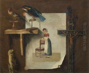 A Trompe L'oeil, With A Goldfinch And Kingfisher Together With An Engraving, A Candle And A Crucifix