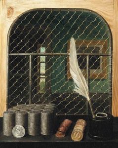 A Trompe L'oeil Bank Interior With Coins And Inkwell by Gabriel-Germain Joncherie