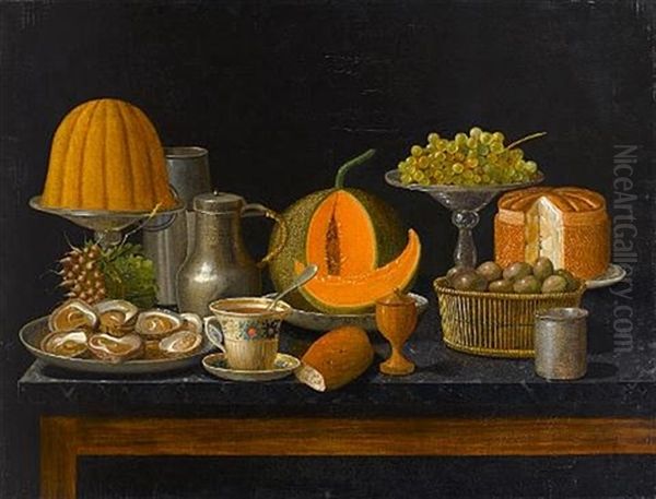 Oysters On A Charger, With Grapes On A Silver Tazza, A Basket Of Eggs With A Bunch Of Radishes, A Bread Roll, A Pewter Jug On A Marble-topped Table - view 1