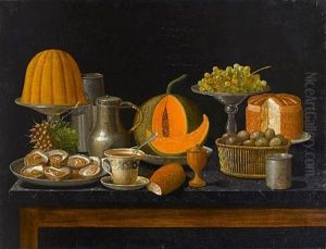 Oysters On A Charger, With Grapes On A Silver Tazza, A Basket Of Eggs With A Bunch Of Radishes, A Bread Roll, A Pewter Jug On A Marble-topped Table by Gabriel-Germain Joncherie