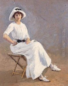 Jeune Femme Vetue De Blanc, Assise Sur Un Pliant