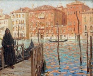 Femme En Noir Sur Un Ponton A Venise by Leonce J. V. de Joncieres