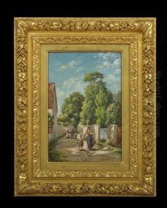 Village Street Scene With Figures Returning From Market