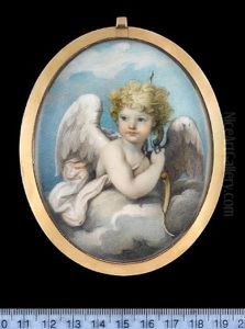 A Child In The Guise Of Cupid, With Feathered Wings And Holding A Bow, Surrounded By Clouds