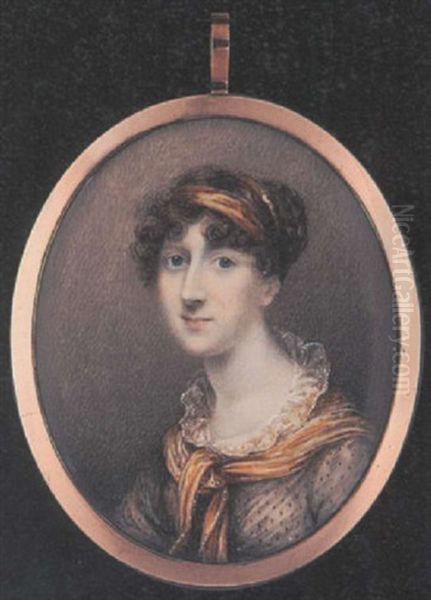 Frances Mary Hannah Gamble Wearing Black Spotted White Dress With White Lace Collar, Yellow Scarf And Matching Bandeau In Her Upswept Curled Hair - view 1