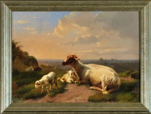 Schaf Mit Zwei Lammern Auf Der Weide Mit Blick In Eine Weite Landschaft by Daniel-Adolphe-Robert Jones