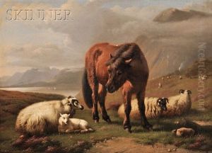 Highlands Landscape With Sheep And Pony Before A Loch