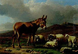 A Donkey With Sheep And Lambs In A Landscape by Daniel-Adolphe-Robert Jones
