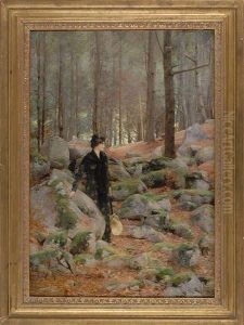 A Woman Standing In A Forest Interior A Woman Standing In A Forest Interior