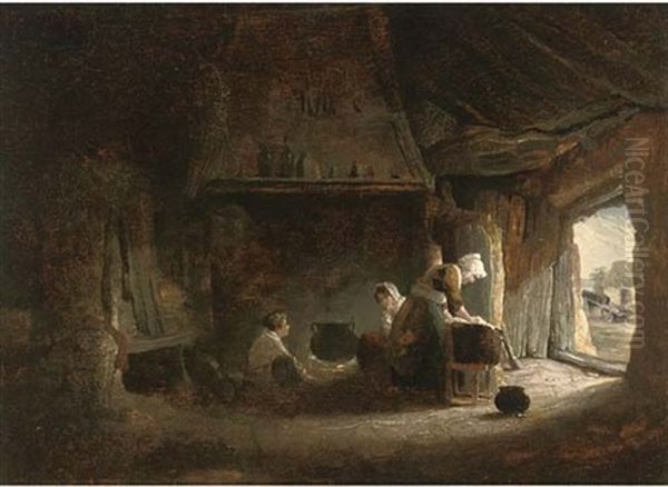 Figures In An Interior Of A Blacksmith's Workshop (+ The Interior Of A Cottage With A Woman Washing Clothes; Pair) - view 1