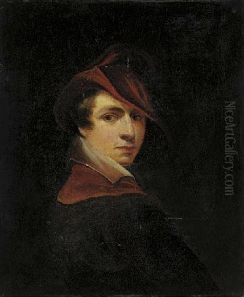 Portrait Of The Artist (?) In A Brown Coat With Red Collar And Red Hat - view 1