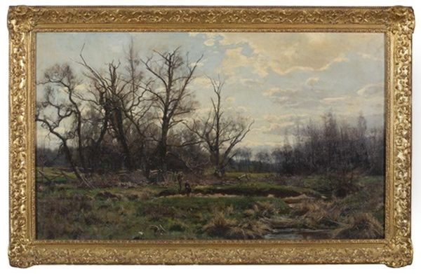 Autumn Landscape With Boys Fishing At A Meadow Stream by Hugh Bolton Jones
