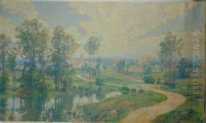 Extensive River Landscape With Village Beyond (collab. W/francis Coates Jones) by Hugh Bolton Jones