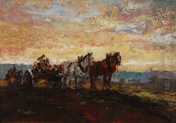 Horses And Cart On A Country Road Atsunset - view 1