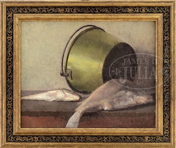 Still Life Of Fish On A Table With Brass Bucket - view 1