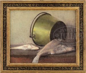 Still Life Of Fish On A Table With Brass Bucket by Leon Foster Jones