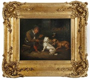 Three Terriers In A Cottage Interior With Man (2 Works) by Paul Jones
