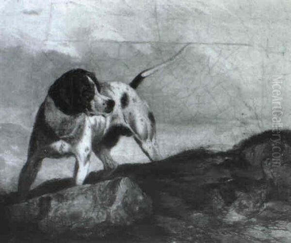 A Pointer Surprising A Grouse In A Rocky Landscape - view 1