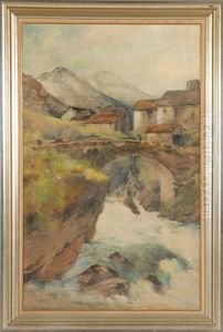 A Woman And Goats Crossing A Stone Bridge With A Small Village And Mountains In The Background by Reginald T. Jones