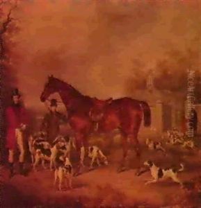 Portrait Of A Huntsman And Hiswhipper-in With A Bay Hunter And Hounds Before Woodfold Park, Blackburn. by Richard Jones