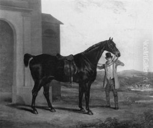 A Dark Bay Hunter Held By A Groom In A Landscape A Dark Bay Hunter Held By A Groom In A Landscape