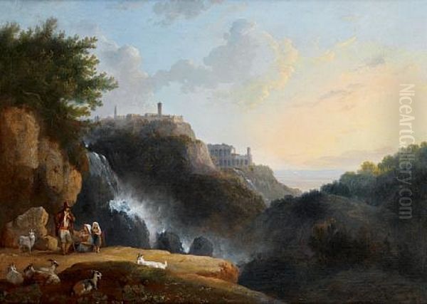 A Shepherd And Shepherdesses Grazing Their Herd Before The Cascatelle At Tivoli With The Ruins Of The Sanctuary Of Hercules Victor, Formerly Thought To Be Those Of The Villa Of Maecenas, In The Distance - view 1