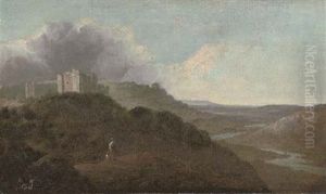 A Mountainous Wooded River Landscape With Figures In The Foreground And A Castle, (st. Briavels ?) On The Wye
