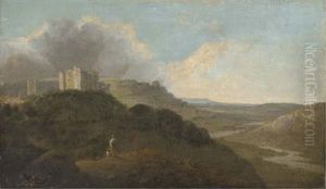 A Hilly Wooded River Landscape With Two Figures In The Foreground And A Castle (st. Briavels, On The Wye?)