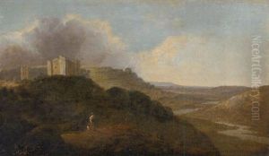 A Hilly Wooded River Landscape With Two Figures In The Foreground And A Castle, St. Briavels (?), On The Wye, Beyond