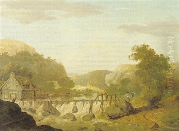 Welsh River Landscape With Cattle Watering, And Fishermen Beside A Weir - view 1