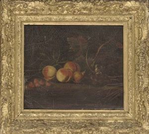 Strawberries In A Bowl And Peaches In A Basket (+ Peaches On A Ledge, With Grapes To The Side; Pair) by William Jones