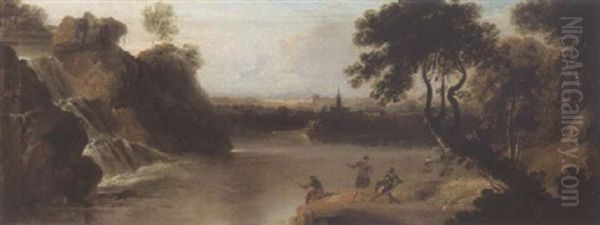 River Landscape With Figures And Waterfall - view 1