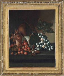 Strawberries, Black Grapes, A Blue And White Dish And A Squirrel Eating Cobnuts On A Ledge