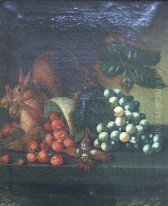 A Squirrel Earing Nuts By A Bowl Of Strawberries And Grapes