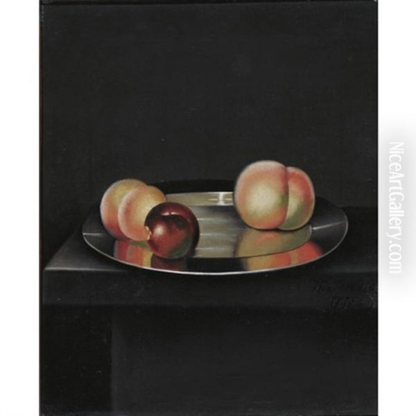 Still Life With Peaches And An Apple On A Pewter Plate - view 1