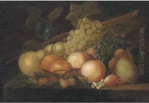 Grapes, Peaches, Plums, Pomegranates, Pears And Redcurrants, On A Ledge (+ Peaches, Plums, Grapes, A Melon, A Lemon, And Cherries, On A Ledge; Pair) by William Jones
