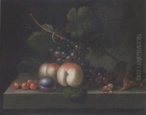Peaches, Grapes, Strawberries, Cobb Nuts And A Plum On A Ledge