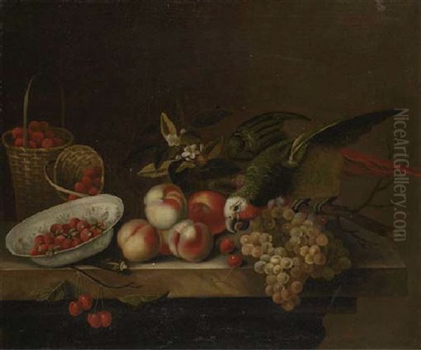 A Parrot On A Branch With Grapes, Peaches And Orange Blosom, With Strawberries In A Porcelain Dish And In Two Baskets - view 1