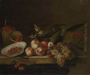 A Parrot On A Branch With Grapes, Peaches And Orange Blosom, With Strawberries In A Porcelain Dish And In Two Baskets