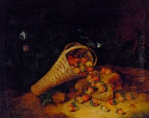 A Basket Of Strawberries With A Bluetit And Butterfly, On A Rocky Bank