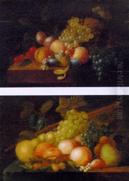 Grapes, Peaches, Plums, Pomegranates, Pears And Redcurrants, On A Ledge - view 1