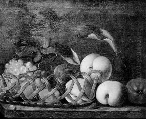 Still Life Of A Basket Of Fruit On A Marble Ledge by William Jones
