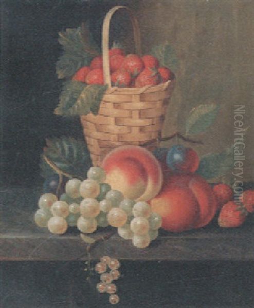 Grapes, Peaches, Plums And Other Fruits In A Wicker Basket, On A Marble Ledge - view 1