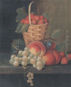 Grapes, Peaches, Plums And Other Fruits In A Wicker Basket, On A Marble Ledge