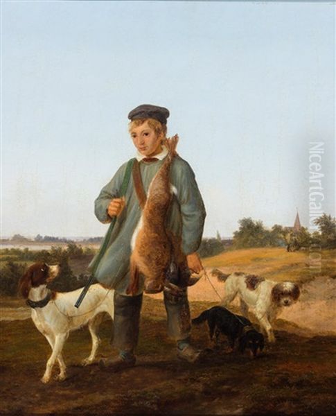 Junger Mann Mit Erlegtem Hasen Und Den Jagdhunden - view 1