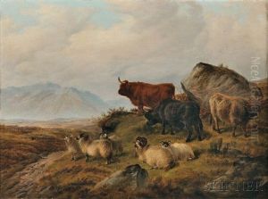 Highland Cattle And Sheep In A Landscape by Charles Jones