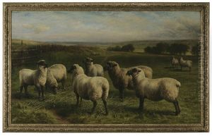 Sheep Grazing In A Panoramic Landscape by Charles Jones