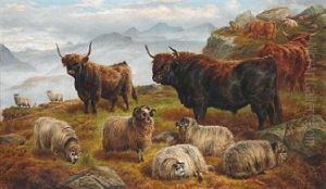 Scottish Landscape With Sheep And Highland Cattle, In The Background Mountains by Charles Jones