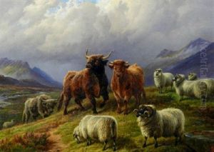 Highland Cattle And Sheep In A Mountainous Landscape by Charles Jones
